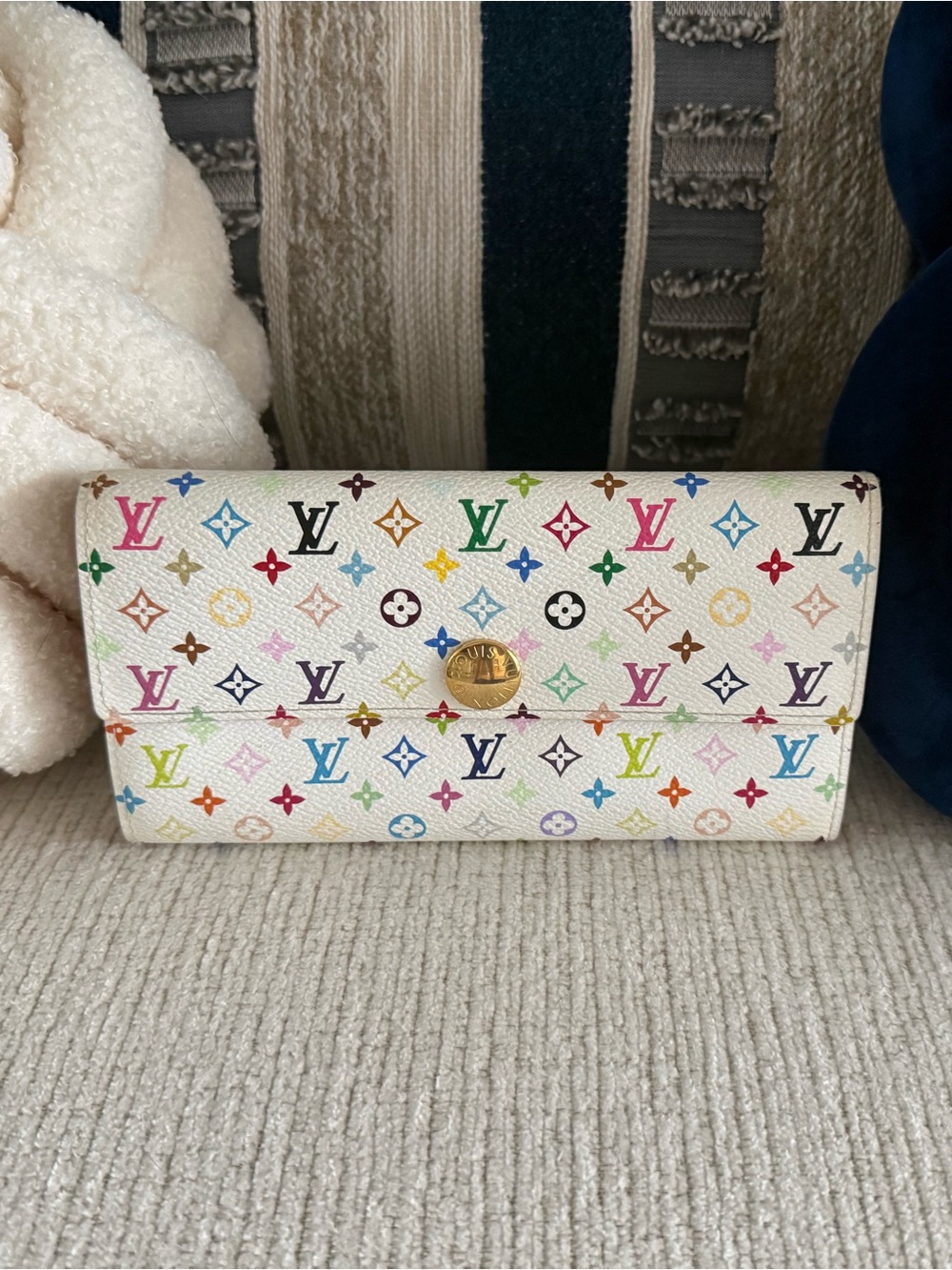 Louis Vuitton White Multicolor Murakami Monogram Wallet with Gold-Tone Snap